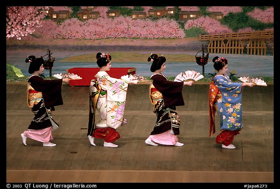 Maiko (apprentice Geisha) dress elaborately to perform the Miyako Odori (cherry blossom dance). Kyoto, Japan