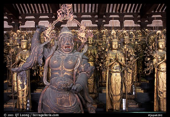 Some of the 1001 statues of the thousand-armed Kannon (buddhist goddess of mercy), Sanjusangen-do Temple. Kyoto, Japan