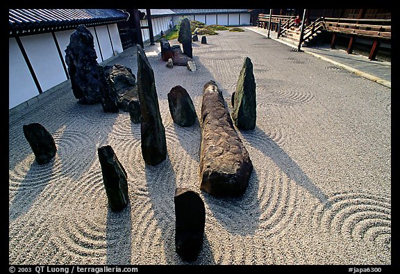 Classic rock and raked gravel Zen garden, Tofuju-ji Temple. Kyoto, Japan (color)