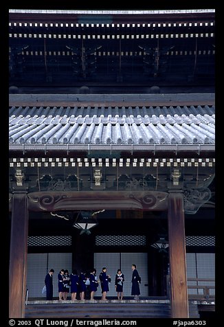 Uniformed schoolgirls visit Higashi Hongan-ji Temple. Kyoto, Japan (color)