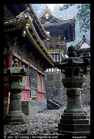 Urns, pavilion, and main hall in Tosho-gu Shrine. Nikko, Japan