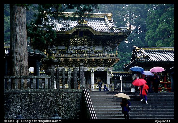 Stairs bellow the main hall of Tosho-gu Shrine on a rainy day. Nikko, Japan