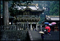 Stairs bellow the main hall of Tosho-gu Shrine on a rainy day. Nikko, Japan (color)