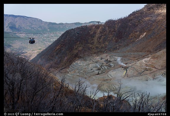 Ōwakudani volcanic valley and Hakone Ropeway car, Hakone. Japan (color)