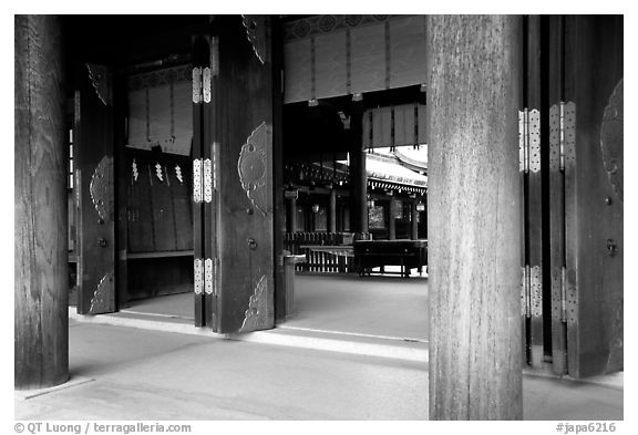 Wooden pilars and hall, Meiji-jingu Shrine. Tokyo, Japan (black and white)