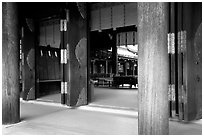 Wooden pilars and hall, Meiji-jingu Shrine. Tokyo, Japan (black and white)