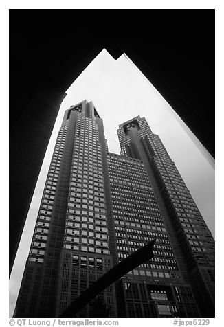 Tokyo Metropolitan Government offices, designed by Tange Kenzo. Tokyo, Japan (black and white)