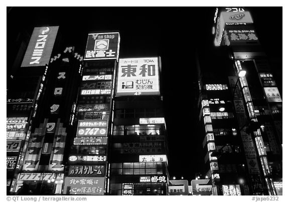 Neon lights by night, Shinjuku. Tokyo, Japan (black and white)