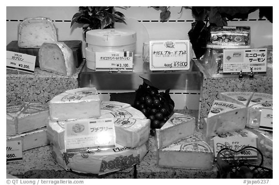 Incredibly high priced imported cheese in a department store. Tokyo, Japan (black and white)