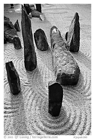 Classic rock and raked gravel Zen garden, Tofuju-ji Temple. Kyoto, Japan (black and white)