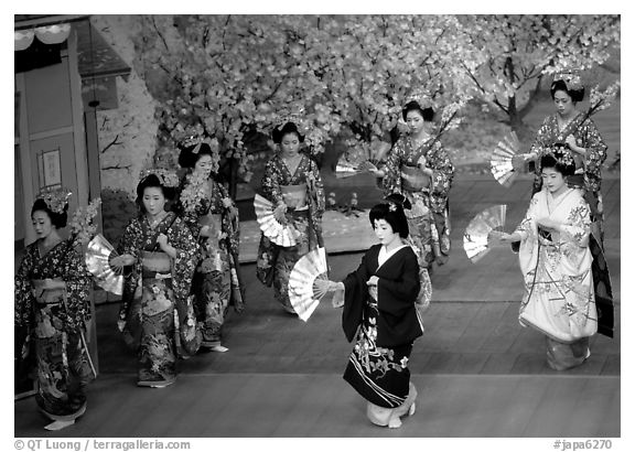 Miyako Odori (cherry blossom dance) performed at the Gion Kobu Kaburen-jo theatre. Kyoto, Japan (black and white)