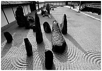 Classic rock and raked gravel Zen garden, Tofuju-ji Temple. Kyoto, Japan ( black and white)