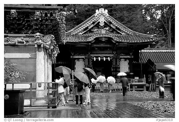 Honden (main hall) of Tosho-gu Shrine on a rainy day. Nikko, Japan (black and white)