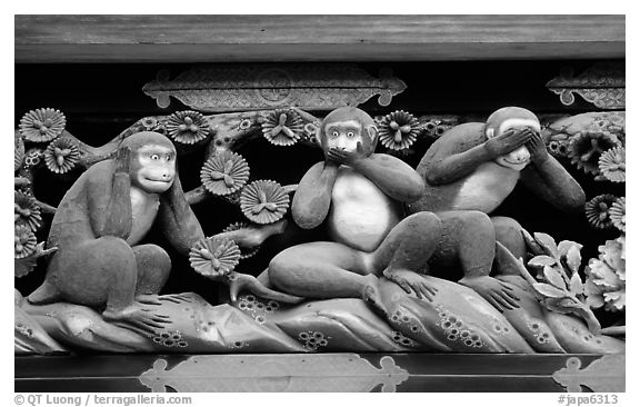 Three-monkey relief carving (hear no evil, see no evil, speak no evil) on Shinkyusha. Nikko, Japan