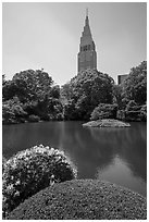 Kami-no-ike Pond and Decomo Tower, once the tallest building in Japan, Shinjuku. Tokyo, Japan ( black and white)