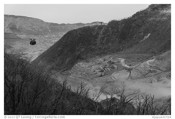 Ōwakudani volcanic valley and Hakone Ropeway car, Hakone. Japan (black and white)