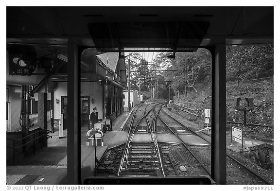 Narrow-gauge mountain train tracks, Hakone. Japan (black and white)