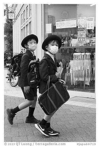 Schoolboys in uniform, Yokohama. Japan (black and white)