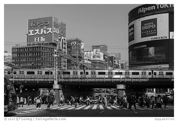 Pedestrian crossing and train, Shinjuku. Tokyo, Japan (black and white)