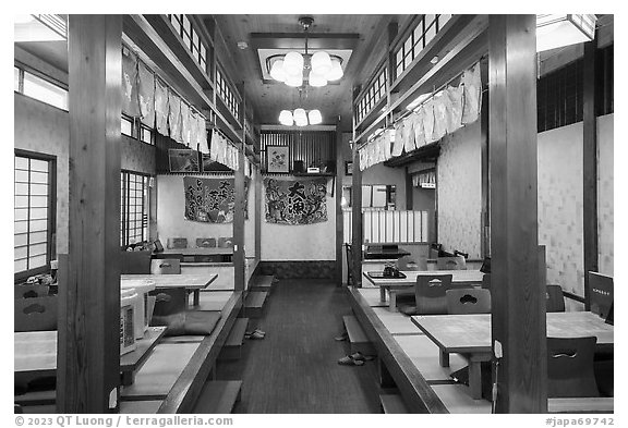 Restaurant with Japanese-style seating, Fujisawa. Japan (black and white)