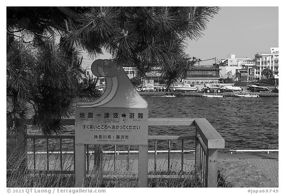 Tsunami sign along the Sakai River. Fujisawa, Japan