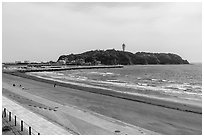 Katase Nishihama beach and Enoshima Island. Enoshima Island, Japan ( black and white)