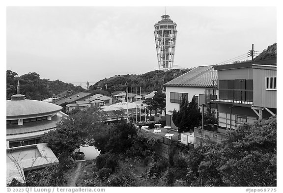 Enoshima Daishi temple and Sea Candle. Enoshima Island, Japan (black and white)