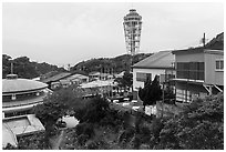 Enoshima Daishi temple and Sea Candle. Enoshima Island, Japan ( black and white)