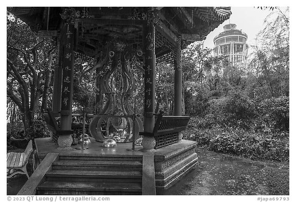 Pavilion with sculpture and Sea Candle, Samuel Cocking Garden. Enoshima Island, Japan (black and white)