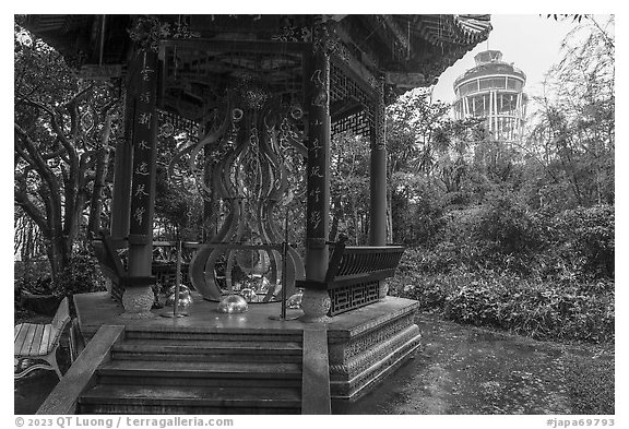 Pavilion with sculpture and Sea Candle, Samuel Cocking Garden. Enoshima Island, Japan