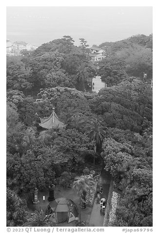 Samuel Cocking Garden pavilions from above. Enoshima Island, Japan (black and white)