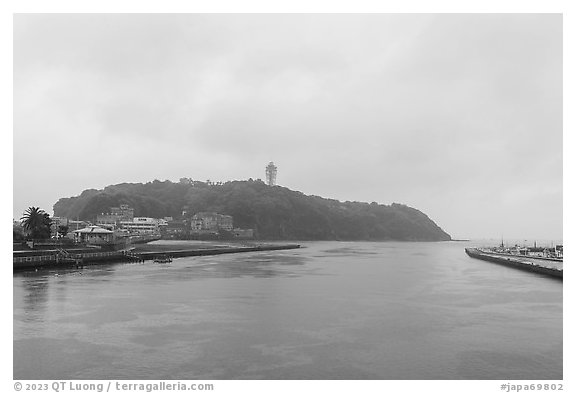 Mouth of Sakai River and Enoshima Island. Enoshima Island, Japan (black and white)