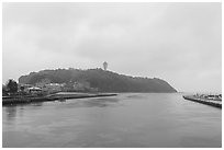 Mouth of Sakai River and Enoshima Island. Enoshima Island, Japan ( black and white)