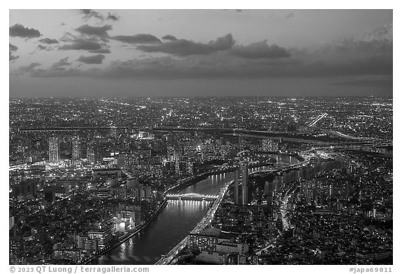 City view from above with rivers at dusk, Sumida. Tokyo, Japan (black and white)