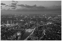 City view from above with rivers at dusk, Sumida. Tokyo, Japan ( black and white)