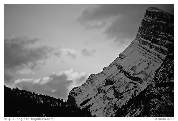 Sunrise and craggy mountain. Banff National Park, Canadian Rockies, Alberta, Canada (black and white)