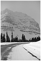 Icefields Parkway partly covered by snow. Banff National Park, Canadian Rockies, Alberta, Canada ( black and white)