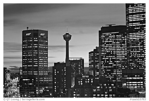 Tower and high-rise buildings, at dusk. Calgary, Alberta, Canada (black and white)