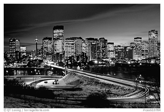 Bridge and skyline at night. Calgary, Alberta, Canada (black and white)