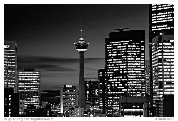 Tower and high-rise buidlings at night. Calgary, Alberta, Canada (black and white)