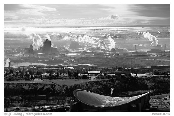 Stadium and industrial exhaust seen from the Tower. Calgary, Alberta, Canada