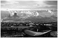 Stadium and industrial exhaust seen from the Tower. Calgary, Alberta, Canada (black and white)