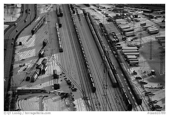 Rail tracks and cargo cars in winter. Calgary, Alberta, Canada