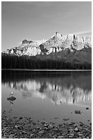 Mount Rundle reflected in Two Jack Lake, early morning. Banff National Park, Canadian Rockies, Alberta, Canada (black and white)