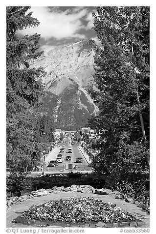 Banff Avenue seen from Cascade Gardens, mid-day. Banff National Park, Canadian Rockies, Alberta, Canada (black and white)