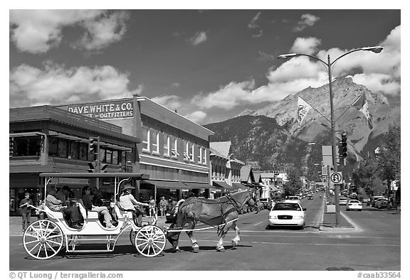 Horse carriage on Banff avenue. Banff National Park, Canadian Rockies, Alberta, Canada (black and white)