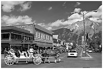 Horse carriage on Banff avenue. Banff National Park, Canadian Rockies, Alberta, Canada ( black and white)
