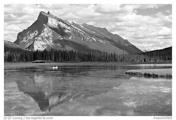 Mt Rundle reflected in first Vermillion lake, afternoon. Banff National Park, Canadian Rockies, Alberta, Canada (black and white)