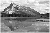 Mt Rundle reflected in first Vermillion lake, afternoon. Banff National Park, Canadian Rockies, Alberta, Canada (black and white)