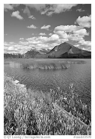 Mt Rundle and second Vermillion lake, afternoon. Banff National Park, Canadian Rockies, Alberta, Canada (black and white)